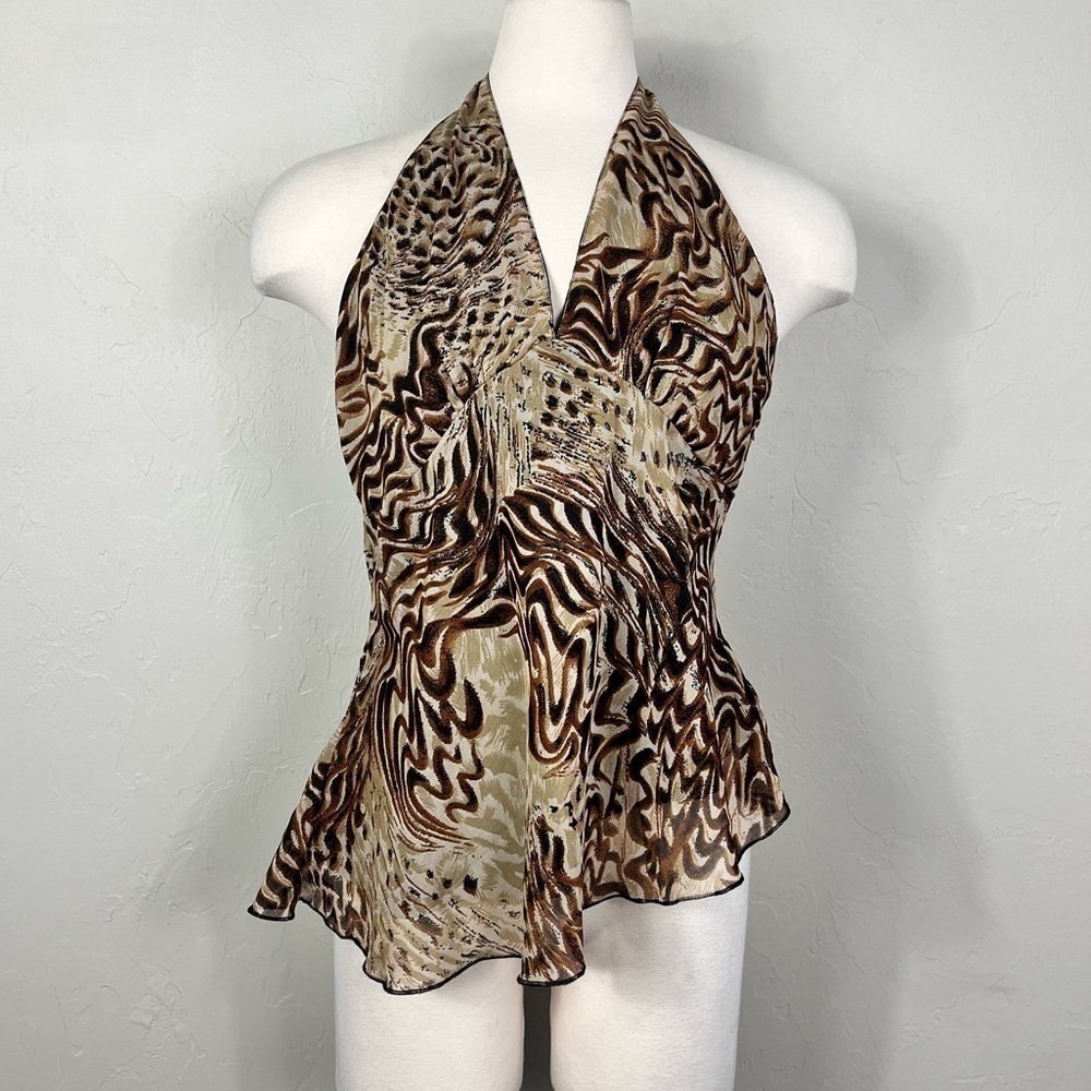 Y2K Cassee's Abstract Swirl Print Brown Halter Neck Open Back Top